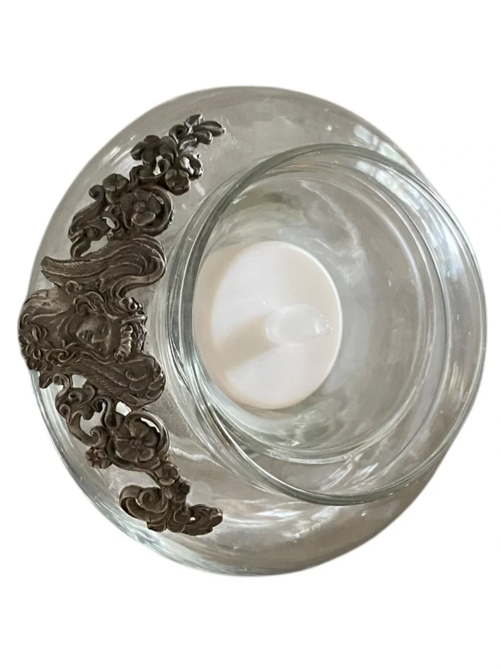 vintage 90s  Pewter Angel  Decorative potpourri Glass Trinket Bowl candle holder